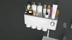 ที่บีบยาสีฟันอัตโนมัติ มีที่เก็บแปรงสีฟันพร้อมแก้วน้ำในตัว แบบติดผนัง ยาสีฟัน อเนกประสงค์ ติดตั้งง่าย 2-4แก้ว ชั้นวางของในห้องน้ำ