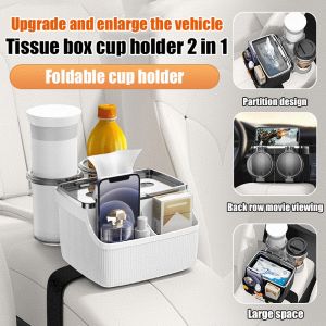 Car Armrest Box Upgraded 2 in 1 Storage Cup Holder Tissue Box