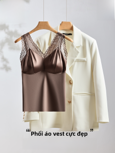 MiiOW | Áo ba lỗ ren màu nâu cho nữ Áo vest không tay một mảnh có đệm ngực Áo khoác ngoài mùa hè sang trọng Pure Nylon