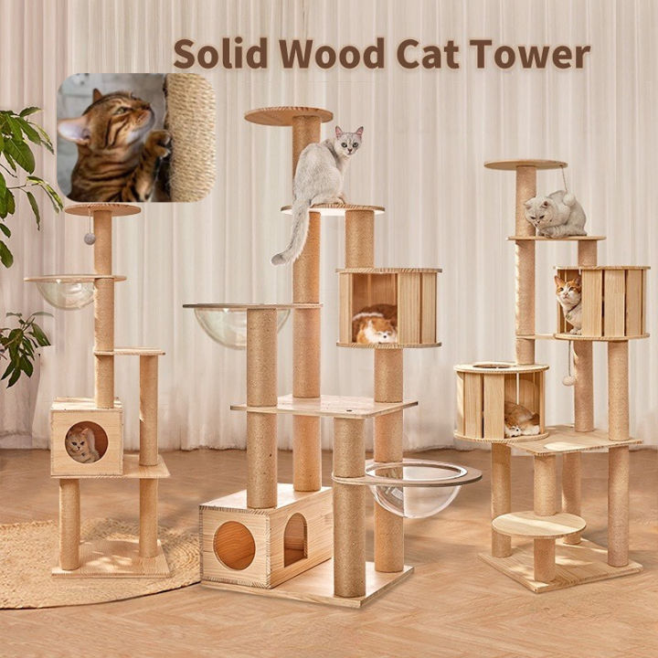Luxury Large Cat House Solid Wood Hammock Condo Cat Tree Tower Bed Climbing Scratchers Board