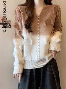 WANGGONGZHU | Fashionable Gradient V-neck Knitwear Womens Autumn Winter Loose Fit Mid-length Slimming Design Special Top Princess Style