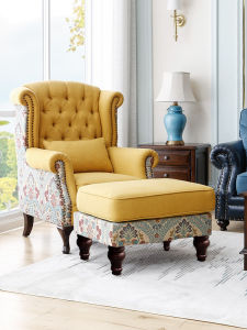American Modern Fabric Single Sofa Living Room Small Apartment Bedroom Yellow Double Color Tiger Stool Queen Seat