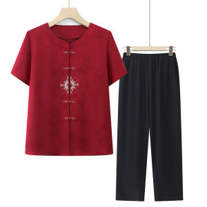 New Chinese Style Summer Shirt Womens Set Elderly National Fashion Loose Embroidered Short Sleeve round Neck Thin Cardigan