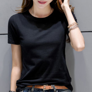 Slim Fit Short Sleeve Pure White T-Shirt Womens Summer Black Base Shirt Versatile Korean Style round Neck Cotton Blend Top