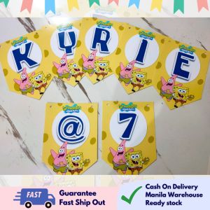 Partify SPONGEBOB Theme Customizable Happy Birthday Banner with Name Personalized Letter Banner with Free String Custom Bunting Backdrop Wall Decoration for Kids Boys Girls Party