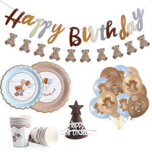 Cute Teddy Bear Baby Shower decoration Tableware Brown Blue Napkin Plate Cup banner Baby Boy Girl Kids 1st Happy Birthday Party