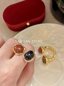 Retro Natural Stone Color Collision Ring High-End Lightweight Golden Middle-aged Open Ring Finger Court Match All