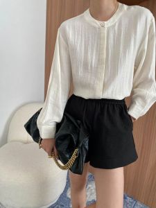 Spring Autumn New Style Loose Long Sleeve round Neck Shirt Simple Folded Texture Versatile Womens Premium Quality Polyester Shirt