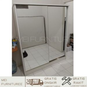 lemari pakaian sliding 2 pintu frameless full kaca cermin white minimalis