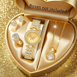 5PCS Fashion Rhinestone Butterfly Dial Women Quartz Watch Elegant Ladies Bracelet Wristwatch Jewelry Set Reloj Mujer（Without Box