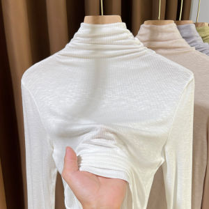 เสื้อชั้นในถักคอสูงสีขาวบาง แขนยาว ทรงเข้ารูป แฟชั่นฤดูใบไม้ร่วง/ฤดูหนาว เสื้อชั้นในผู้หญิง เสื้อชั้นในผู้หญิง