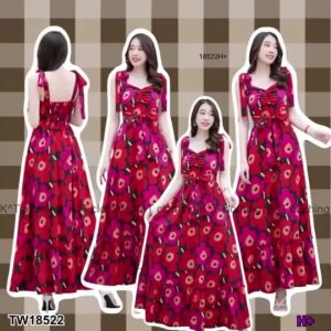 P18522 แม็กซี่เดรสยาว สายผูกไหล่ สายผูกเอว ลายดอกไม้