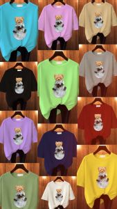 Baju Kaos Wanita Oversize Basic Lengan Pendek Printing DTF Bear Astronaut Katun Combed