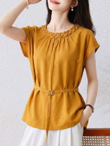 DAIXIANGFEIZI | Ladies Silk Chiffon Waist-cinching Short-sleeve Blouse