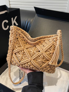 TANGKOU | Bohemian Style Woven Beach Bag Womens Crossbody Casual Straw Basket Summer Vacation Casual Handbag Soft Zipper Closure