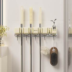 ติดตั้งที่แขวนหัวกวาดและเชือกสำหรับห้องน้ำแบบติดผนังแบบหนีบ ชั้นวางของแบบยูนิฟอร์มสำหรับประตูหลัง