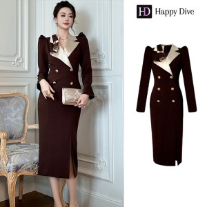 Happy Diva เดรสผู้หญิง เดรสสีน้ำตาล เดรสแขนพอง เดรสสูท เดรสทำงาน เดรสไฮโซ เดรสวินเทจ เดรสออกงาน เดรสปาร์ตี้ ชุดราตรี 61094