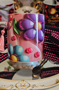 3D Pink/Purple/Blue Flowers Specially Designed Ceramic Mug For a Gift with inner pink colour