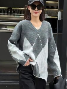 Drunk Lotus Vintage Diamond Grid Oversized Casual V-neck Knitwear Versatile Commute Fashionable Loose Sweater round Neck Long Sleeve