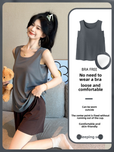 Womens Summer Ice Silk No Sleeve Vest Shorts Home Clothes with Chest Pad Comfortable Loose Fit round Neck Print Sleepwear