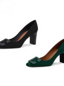 รองเท้าส้นสูงหนังแกะสำหรับผู้หญิง ฤดูใบไม้ผลิและฤดูร้อน ดีไซน์เก๋ไก๋ ทรงหัวเหลี่ยม ส้นสูง รองเท้าส้นเดี่ยวแบบสวมสบาย