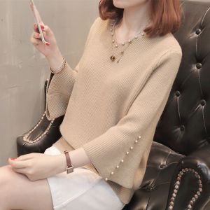 Trendy Korean Loose Short Sleeve V-neck Sweater Womens Overhead Bead Bell Sleeve Knitted Shirt Autumn Winter Commute Style