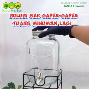 Dispenser Air Minum Toples Kaca 4 Liter Plus Kran dan Stand Besi