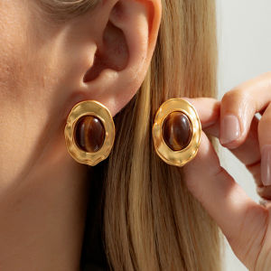 Salircon 3Styles Vintage Brown Oval Resin Bead Stud Earrings Women Irregular Gold Color Metal Earring Banquet Party Jewelry Gift