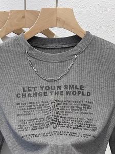 Áo Thun Dệt Kim in Chữ Màu Trơn Dài Tay Cho Nữ Mùa Thu 2024 Áo Sơ Mi Cơ Bản Thời Trang Cổ Tròn Tay Dài Thường Ngày