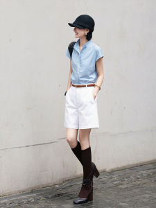 BOGUDU | Youthful Summer Loose Blue Mandarin Collar T-Shirt White Shorts Set