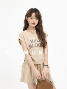 ชุดสองชิ้นสีพื้นแขนสั้นผ้าฝ้ายคอตตอนสำหรับผู้หญิง ชุดลำลอง ทรงหลวม ทรงเอวสูง ชุดฤดูร้อน ชุดทำงาน ชุดทำงาน