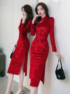 ชุดเดรสผ้ากำมะหยี่สไตล์ฝรั่งเศสย้อนยุค ฤดูใบไม้ผลิ 2025 ชุดเดรสผ้ากำมะหยี่ผู้หญิงวัยรุ่นใหม่ ชุดเดรสผ้ากำมะหยี่สีพื้นเอวสูง