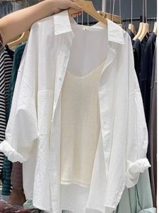 Womens Pure Cotton White Sun Protection Shirt Loose Style Korean Version Long Sleeve Polo Collar Button down Top for Autumn