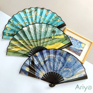 พัดภาพราตรีประดับดาว พัดจีน 10นิ้วด้ามจับพลาสติกเนื้อผ้า สไตล์แวนโก๊ะ （2 ชิ้นส่งฟรี）