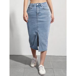 Womens Casual High Waist Denim Skirt Elastic Mid-Length A-Line Mini Skirt Spring Summer Autumn Appropriate Ladies Jeans Skirt