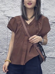 QINGNAER | Retro Fashionable Brown V-neck Pleated Button Flap Sleeve Blouse