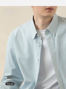 Pure Cotton Mens Long Sleeve Shirt Casual Oxford Cloth Blue Plaid Loose Outerwear Leisure Button-Up Shirt for Youth Daily Wear