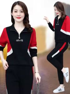 Womens Sportswear Set Loose Fit Long Sleeve Casual Outfit Two Pieces Polyester Fiber Stand Collar Slimming Sweatshirt