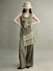 GULILI | Green Ruffled Bow Tank Top and Wide Leg Pants Suit