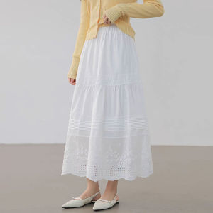 Mo | French Vintage Embroidered A-Line Midi Skirt Elastic Waist Cotton Gored Skirt City Commute Style Pure White Summer New Arrival