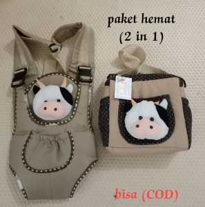 Tas bayi motip boneka sapi/Gendogan depan Paket Hemat (2in1)