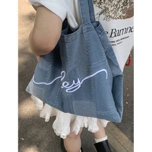 Casual Denim Canvas Tote Bag for Students New Summer 2024 Fashion Korean Letter Print Large Capacity Soft Shoulder Backpack