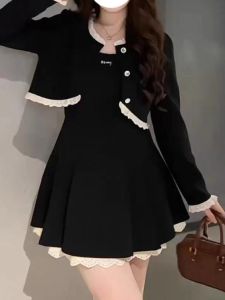 plus Size Womens Fashion Set Autumn 2024 Lace Trim Jacket And Strap Dress Two-Piece Ensemble Elegant plus SizeMM Outfit