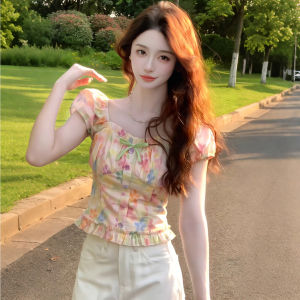 chaqi | Sweet Floral Short Sleeve Bow Blouse
