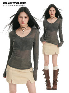 Áo Len Dệt Kim Dài Tay Màu Xám Cho Nữ Xuân Thu 2025 Mới Ôm Vừa Vặn Gợi Cảm Trong Suốt Cổ Chữ V Thường Ngày