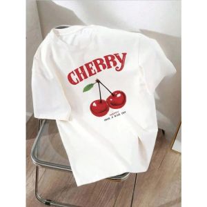 Cherry Print round Neck Short Sleeve Womens T-shirt Street Style Loose Fit Summer Casual Top for Young Women