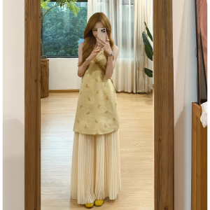 XIAOQIAOJIA | Váy midi không tay rộng rãi màu vàng phong cách hương thơm nhỏ cho nữ mùa hè 2025 Váy midi dài dễ thương Dopa Style