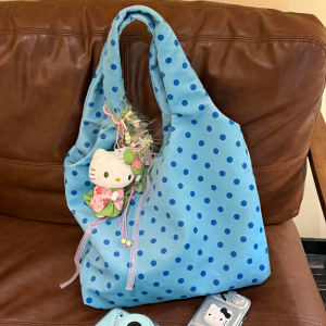 Korean Blue Polka Dot Canvas Tote Bag Womens Large Capacity Single Shoulder Commuter Vest Bag Leisure Style Daily Use