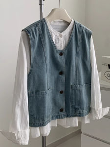 Light Blue Denim Vest Jacket Womens Summer Short Style Open Cardigan Layering Outerwear Trendy Commute Button Splice