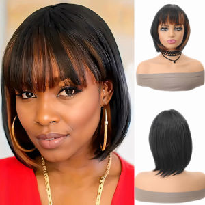 Synthetic Chic 10 Inch Bob Wig with Bangs Natural Black Brown Blend Easy-Style Daily Wear Light weight